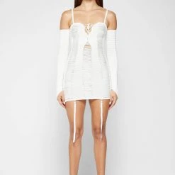 Woman Dresses Laddered Knit Mini Dress With Sleeves - Off White