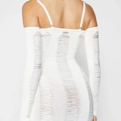 Woman Dresses Laddered Knit Mini Dress With Sleeves - Off White