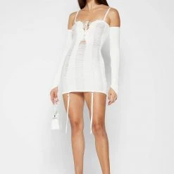 Woman Dresses Laddered Knit Mini Dress With Sleeves - Off White