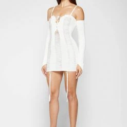 Woman Dresses Laddered Knit Mini Dress With Sleeves - Off White
