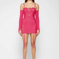 Woman Dresses Laddered Knit Mini Dress With Sleeves - Pink