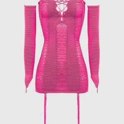 Woman Dresses Laddered Knit Mini Dress With Sleeves - Pink