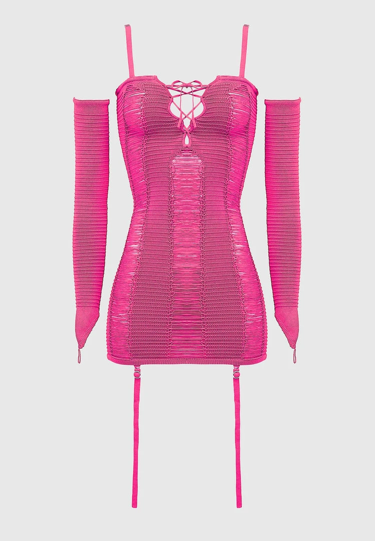 Woman Dresses Laddered Knit Mini Dress With Sleeves - Pink