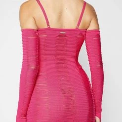 Woman Dresses Laddered Knit Mini Dress With Sleeves - Pink