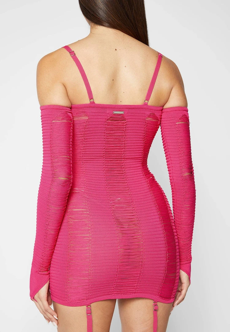 Woman Dresses Laddered Knit Mini Dress With Sleeves - Pink