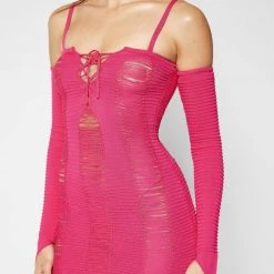 Woman Dresses Laddered Knit Mini Dress With Sleeves - Pink