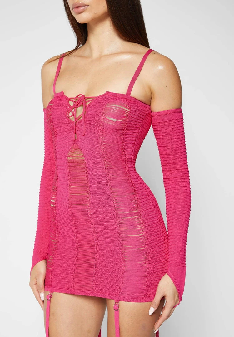 Woman Dresses Laddered Knit Mini Dress With Sleeves - Pink