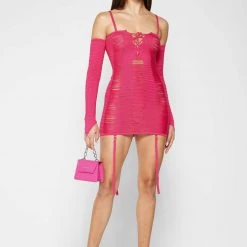 Woman Dresses Laddered Knit Mini Dress With Sleeves - Pink