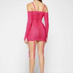 Woman Dresses Laddered Knit Mini Dress With Sleeves - Pink