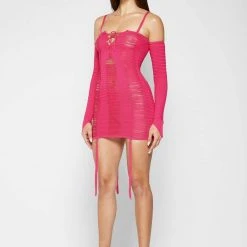 Woman Dresses Laddered Knit Mini Dress With Sleeves - Pink