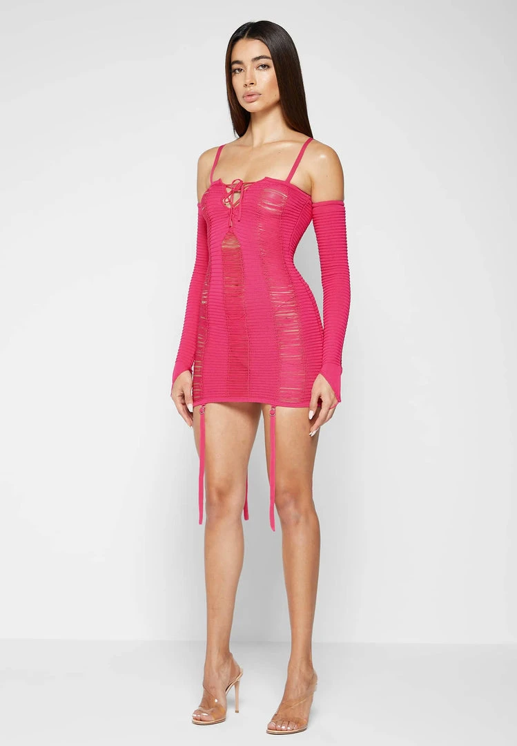 Woman Dresses Laddered Knit Mini Dress With Sleeves - Pink