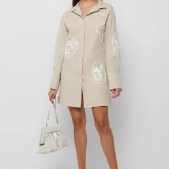 Woman Dresses Line Art Shirt Dress - Beige