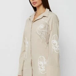 Woman Dresses Line Art Shirt Dress - Beige
