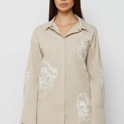Woman Dresses Line Art Shirt Dress - Beige