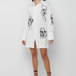 Woman Dresses Line Art Shirt Dress - White