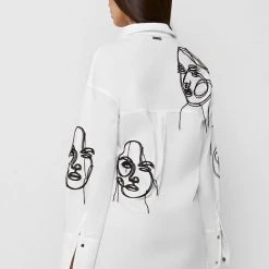 Woman Dresses Line Art Shirt Dress - White