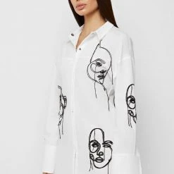 Woman Dresses Line Art Shirt Dress - White