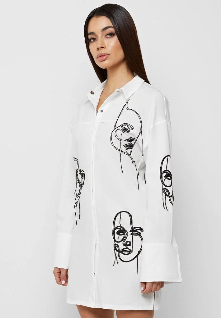 Woman Dresses Line Art Shirt Dress - White