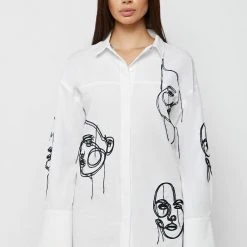 Woman Dresses Line Art Shirt Dress - White