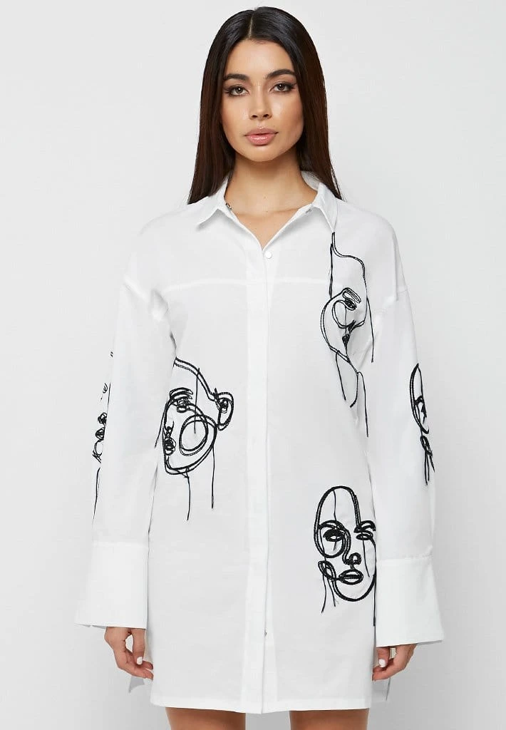 Woman Dresses Line Art Shirt Dress - White