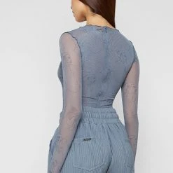 Woman Tops Line Art Mesh Bodysuit - Steel Blue BODYSUITS
