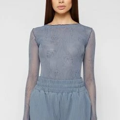 Woman Tops Line Art Mesh Bodysuit - Steel Blue BODYSUITS