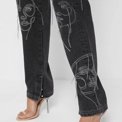 Woman Denim Line Art Mom Jeans - Washed Black