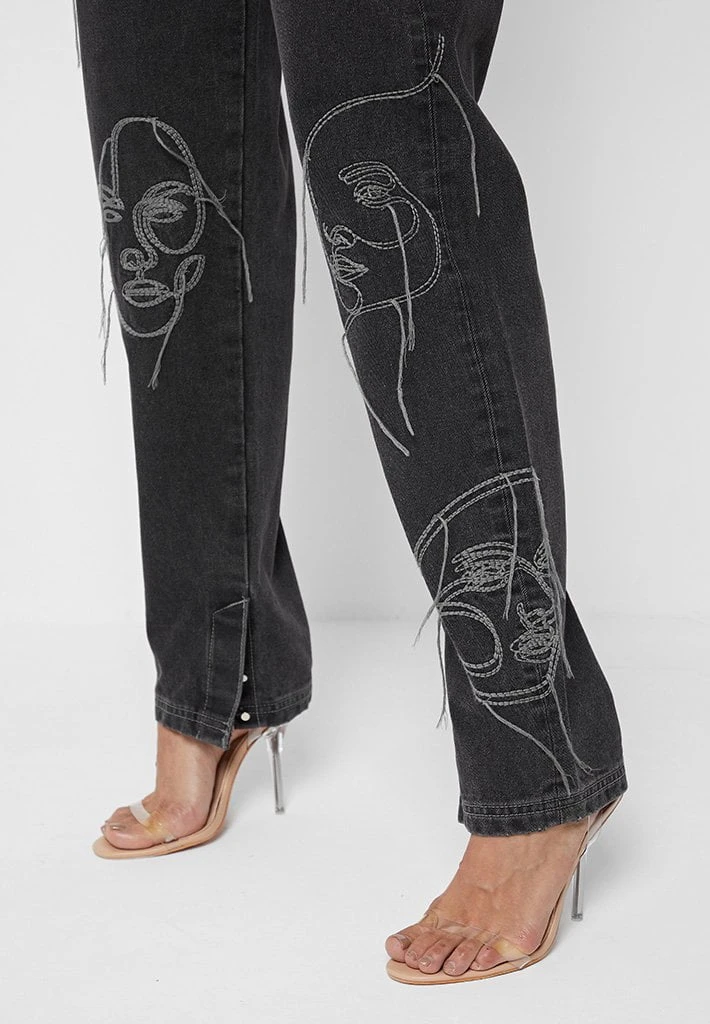 Woman Denim Line Art Mom Jeans - Washed Black