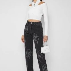 Woman Denim Line Art Mom Jeans - Washed Black