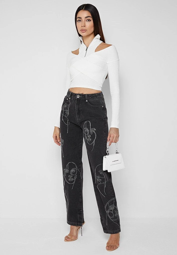 Woman Denim Line Art Mom Jeans - Washed Black