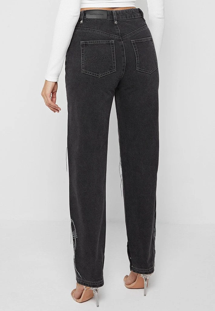 Woman Denim Line Art Mom Jeans - Washed Black