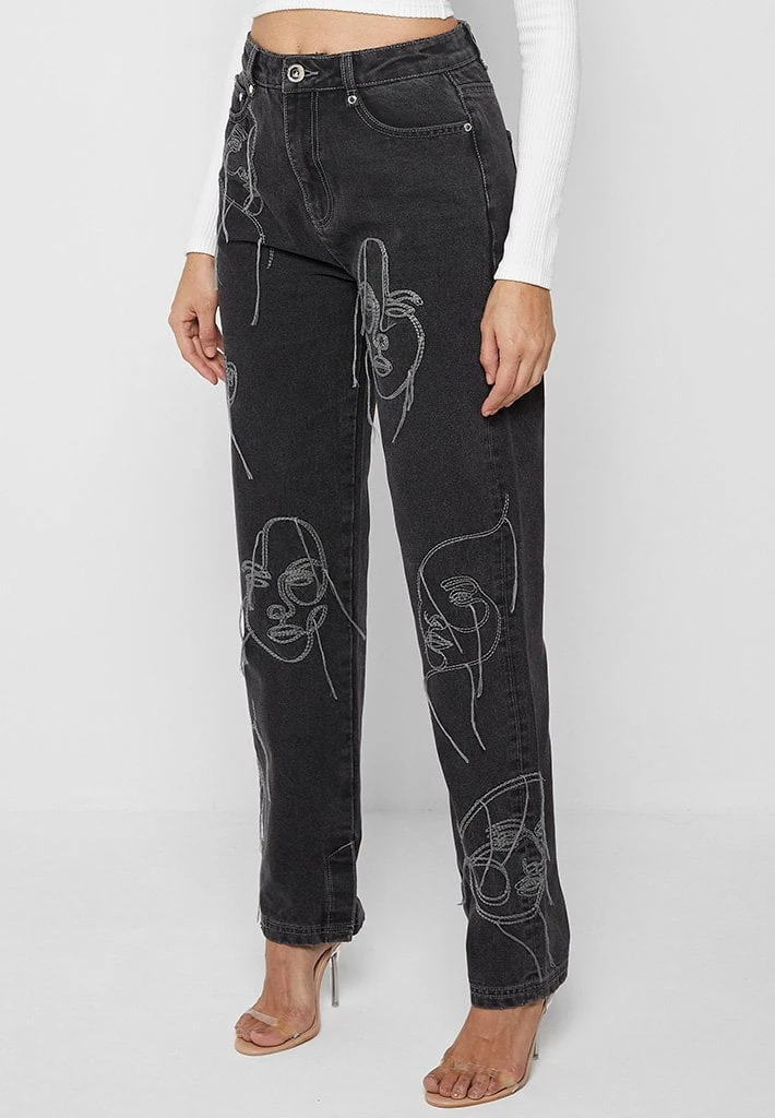 Woman Denim Line Art Mom Jeans - Washed Black