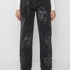 Woman Denim Line Art Mom Jeans - Washed Black