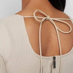 Woman Tops Long Sleeve Ribbed Bodysuit - Beige TOPS & T SHIRTS