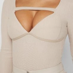 Woman Tops Long Sleeve Ribbed Bodysuit - Beige TOPS & T SHIRTS