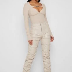 Woman Tops Long Sleeve Ribbed Bodysuit - Beige TOPS & T SHIRTS