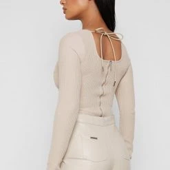 Woman Tops Long Sleeve Ribbed Bodysuit - Beige TOPS & T SHIRTS