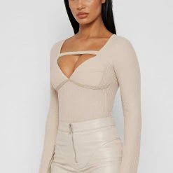 Woman Tops Long Sleeve Ribbed Bodysuit - Beige TOPS & T SHIRTS