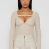 Woman Tops Long Sleeve Ribbed Bodysuit - Beige TOPS & T SHIRTS