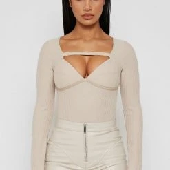 Woman Tops Long Sleeve Ribbed Bodysuit - Beige TOPS & T SHIRTS