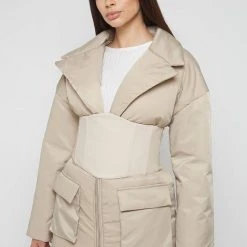 Woman Coats Longline Corset Puffer Coat - Beige