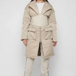 Woman Coats Longline Corset Puffer Coat - Beige