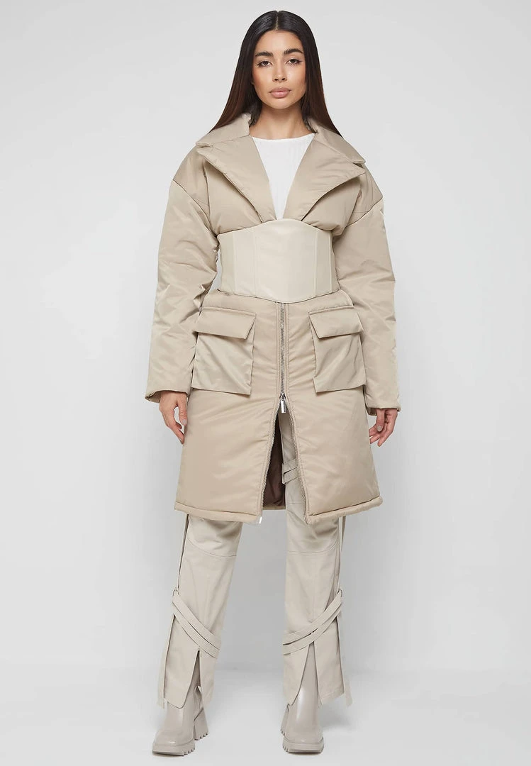 Woman Coats Longline Corset Puffer Coat - Beige