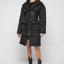 Woman Coats Longline Corset Puffer Coat - Black