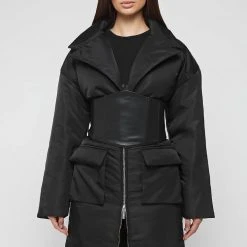 Woman Coats Longline Corset Puffer Coat - Black