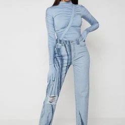 Woman Denim Marble Print Mom Jeans - Light Blue