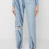 Woman Denim Marble Print Mom Jeans - Light Blue