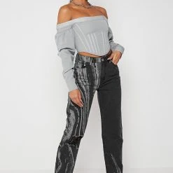 Woman Denim Marble Print Mom Jeans - Washed Black