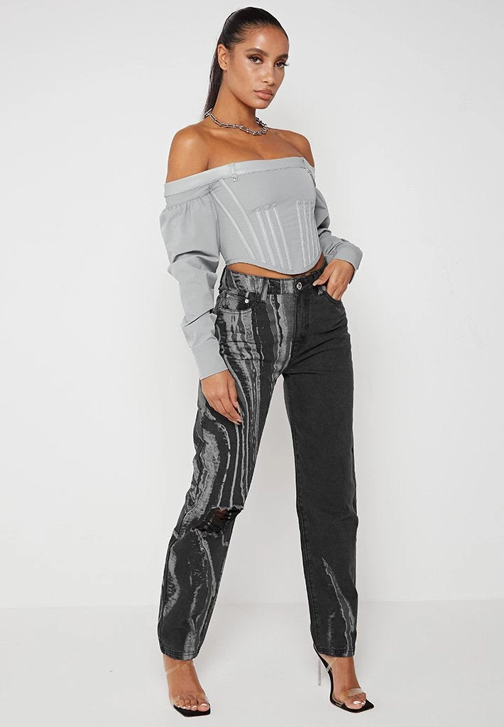 Woman Denim Marble Print Mom Jeans - Washed Black