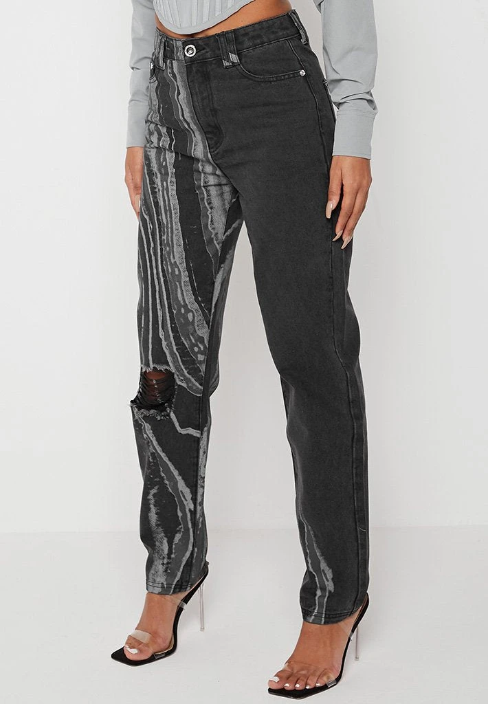 Woman Denim Marble Print Mom Jeans - Washed Black